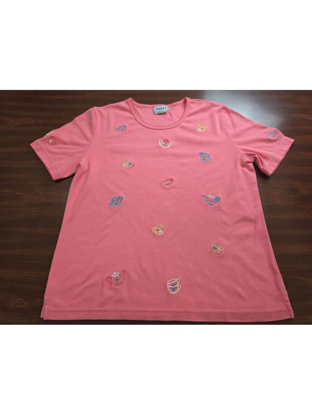 Nikki Size Large Pink Teapot Teacups Embroidered Short Sleeve Whimsical Y2K Top